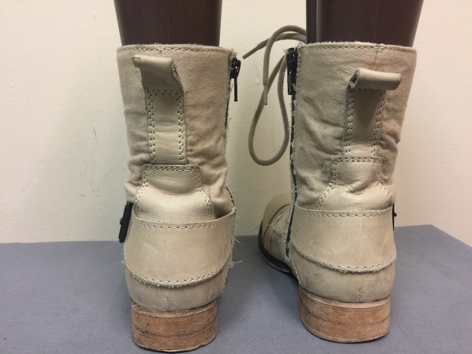 Women textile/man made material ankle combat beige zipper/lace boots size US 6