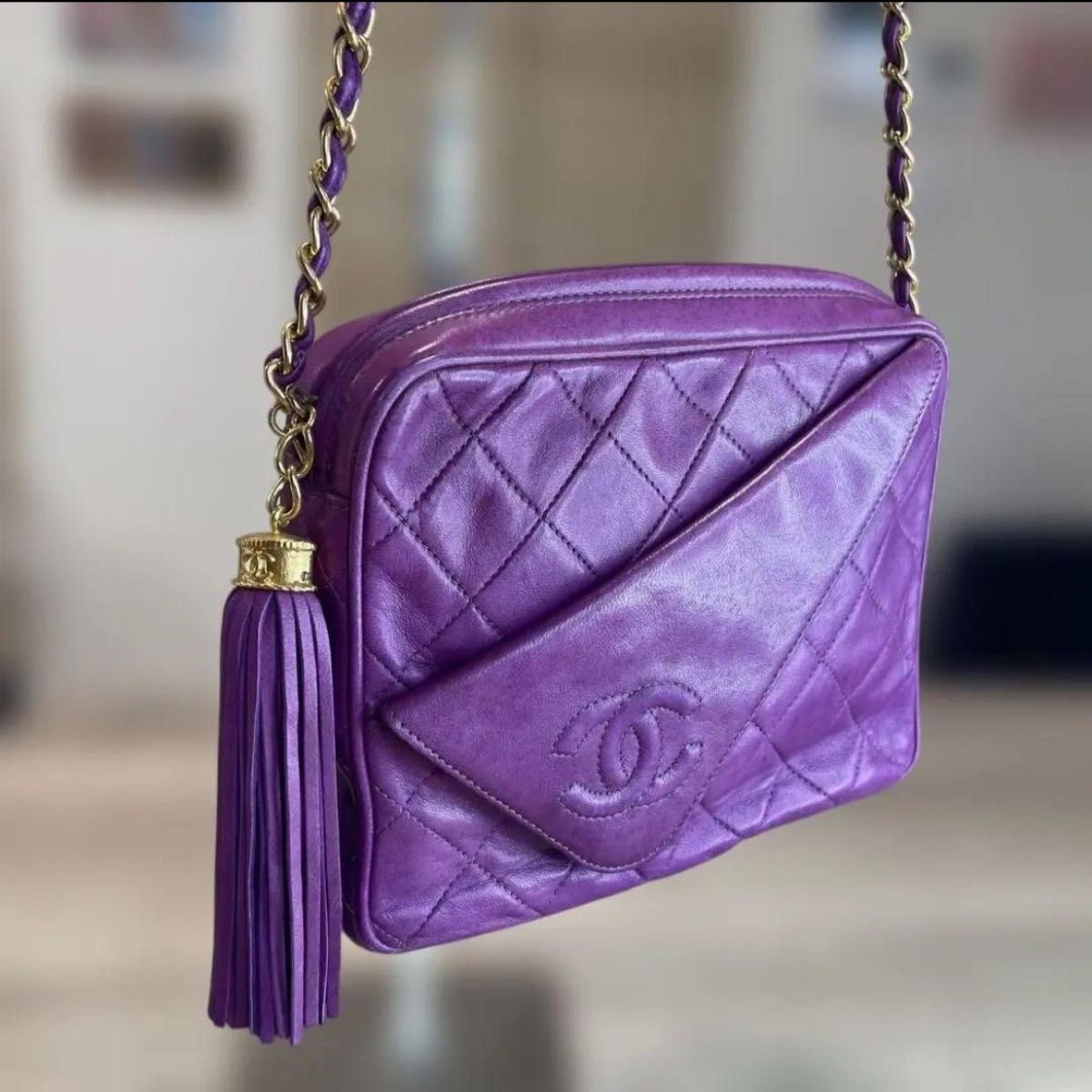 CHANEL Vintage Purple Lambskin Matelasse Tassel Chain Shoulder Bag