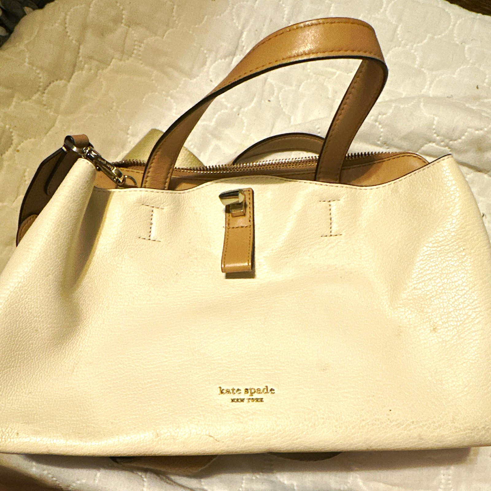Kate Spade New York Beige Pebbled Satchel Zip Turn Lock Detachable Strap
