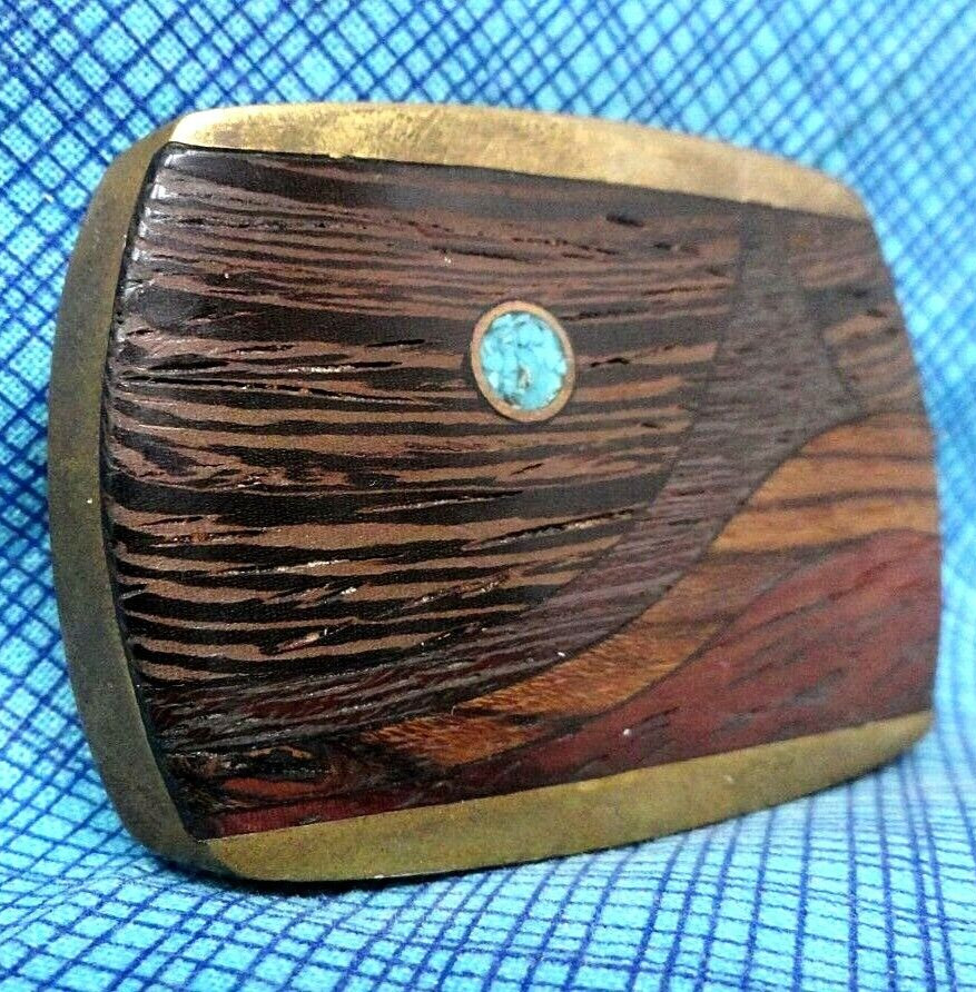 Exotic Wood Stone Brass Inlay Landscape Art Dress Belt Buckle Vtg 70’s DS.DBD473