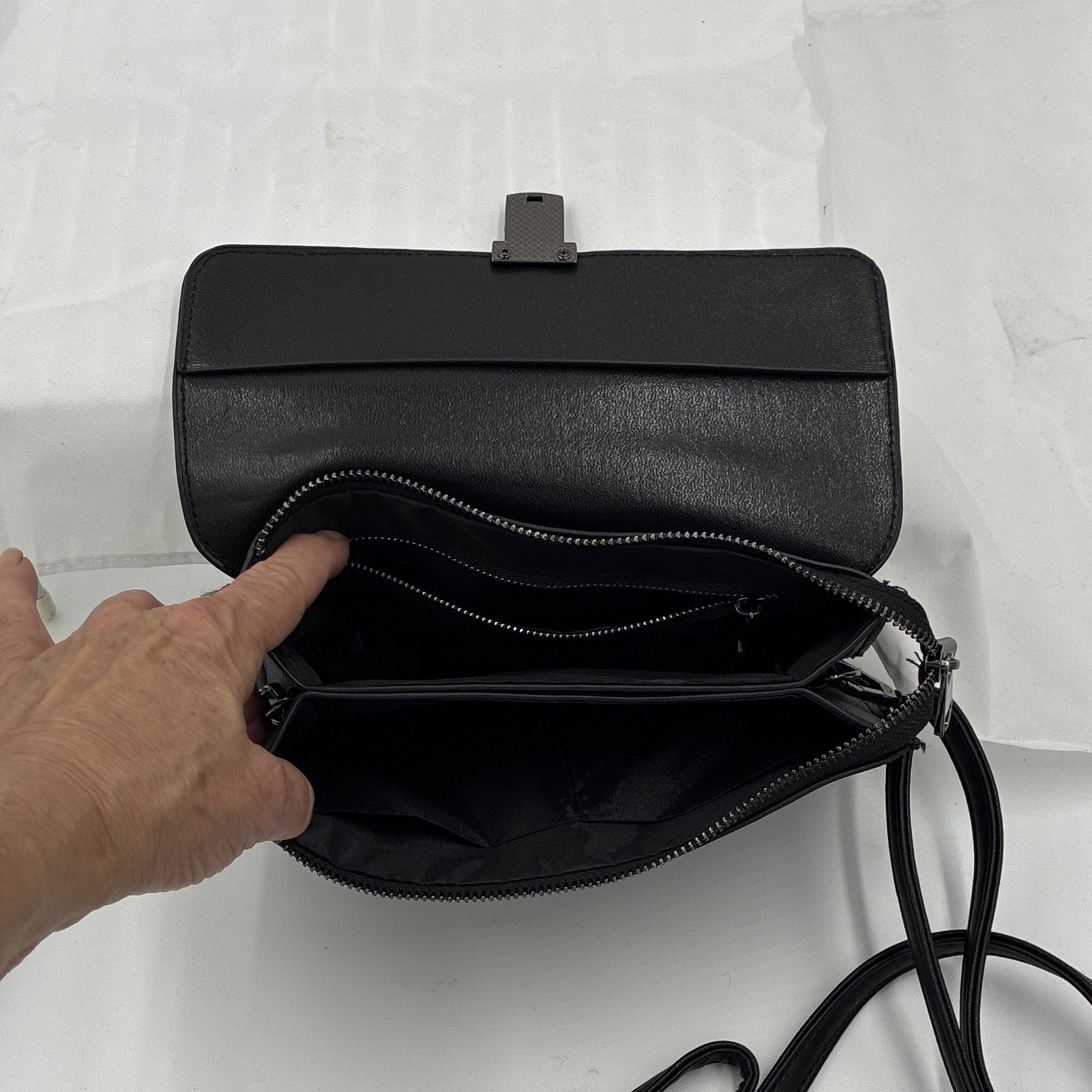 Women’s Black Small Crossbody Bag, Silver Hardware, Push Lock, Zip