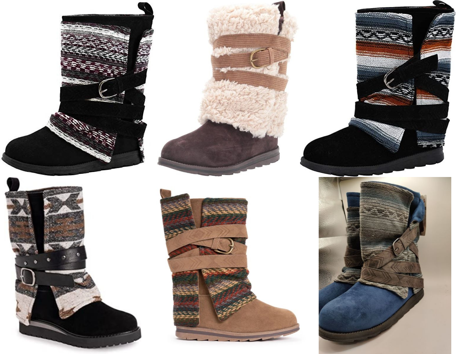 MUK LUKS WOMEN’S NIKKI BELT WRAPPED FLAT WINTER BOOTS NAVY, BLACK. BROWN