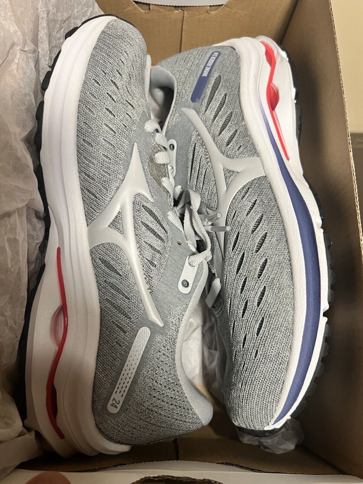 Mizuno Women’s Wave Rider 24 Knit Running Shoes Red Blue Grey 6 B(M) US New