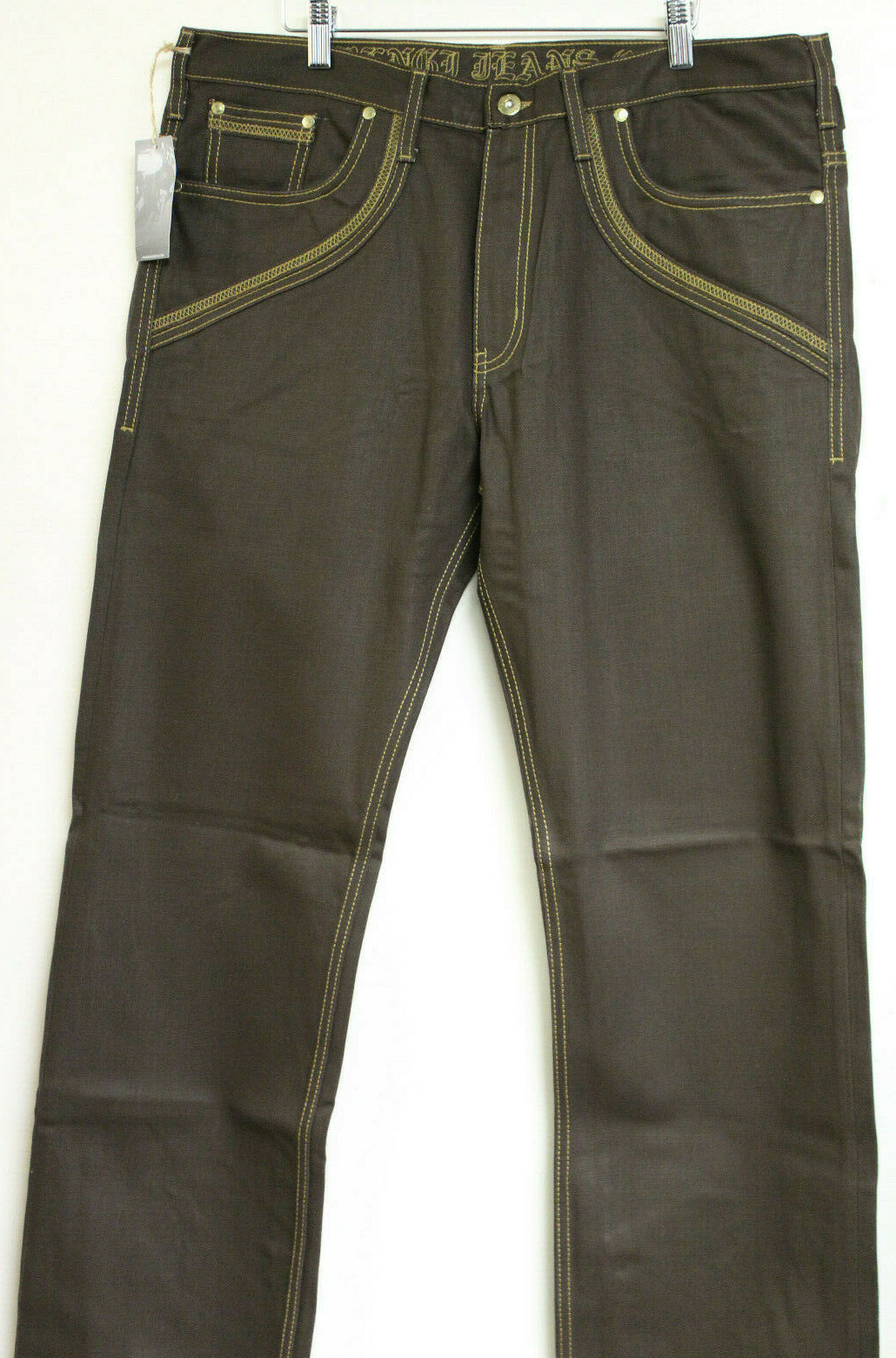 Bengi Jeans Co Mens Brown Denim Yellow Stitching Grenade Size 38W 34L