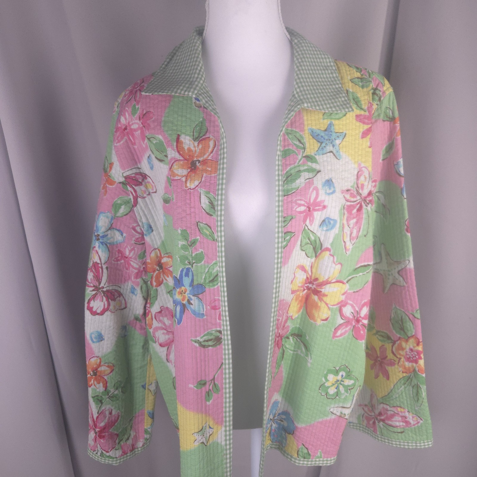 Reversible Quilted Jacket Womens L Floral Gingham Multicolor Cottagecore Boho