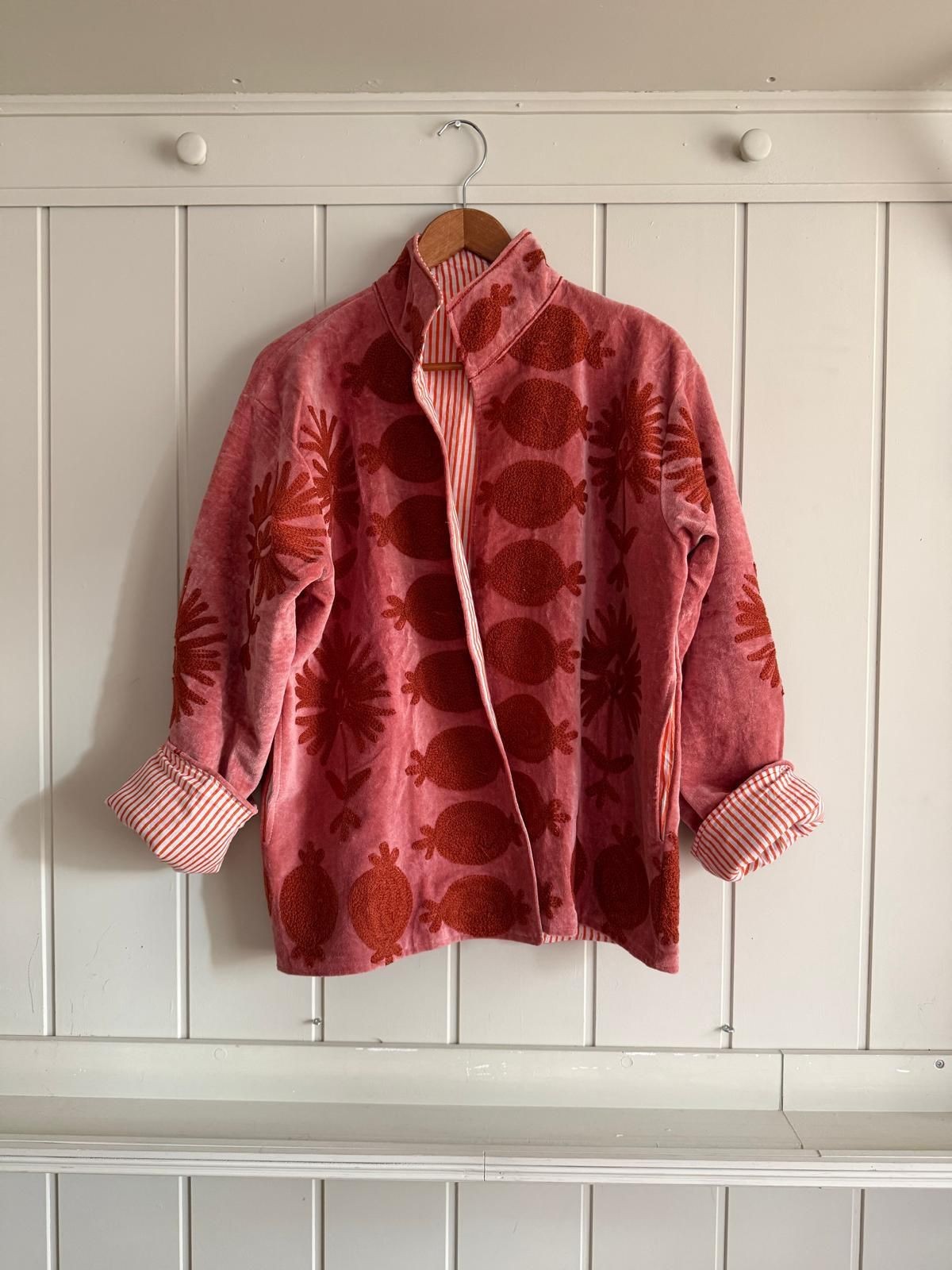 Handmade Red Velvet Embroidered Jacket Boho Floral Festival Wear