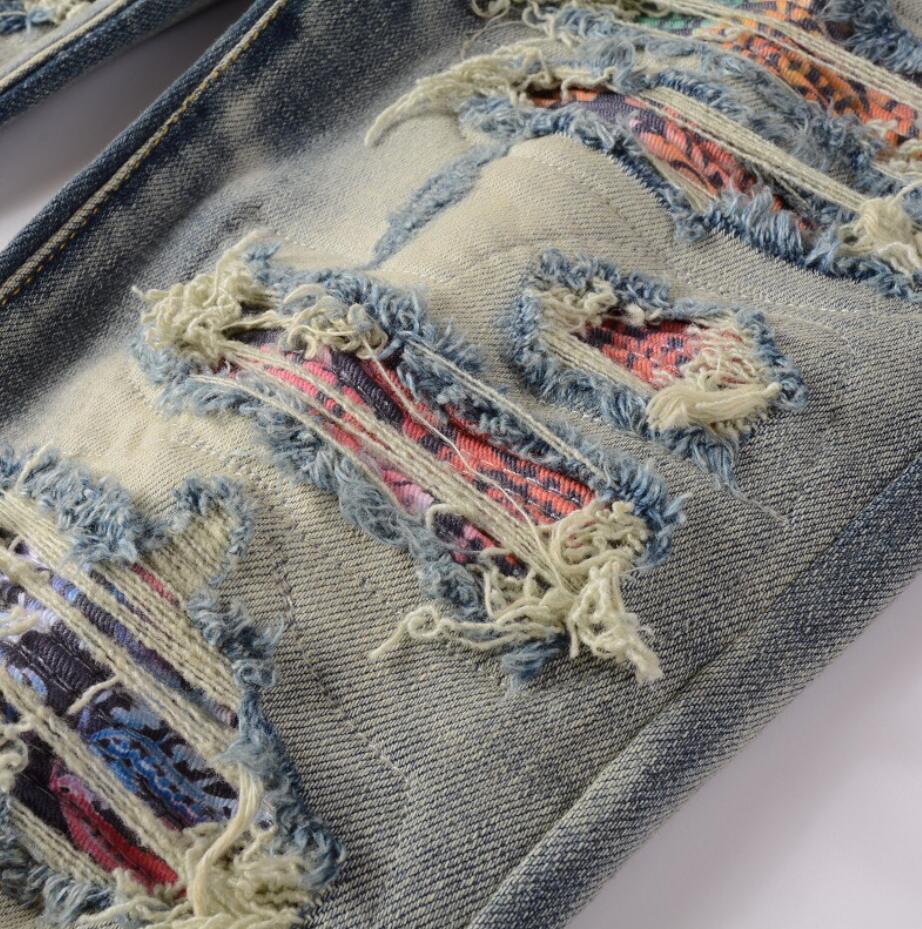 Men’s Retro Blue Denim Jeans Stretch Ripped Casual Punk Hip Hop Ripped Pants New