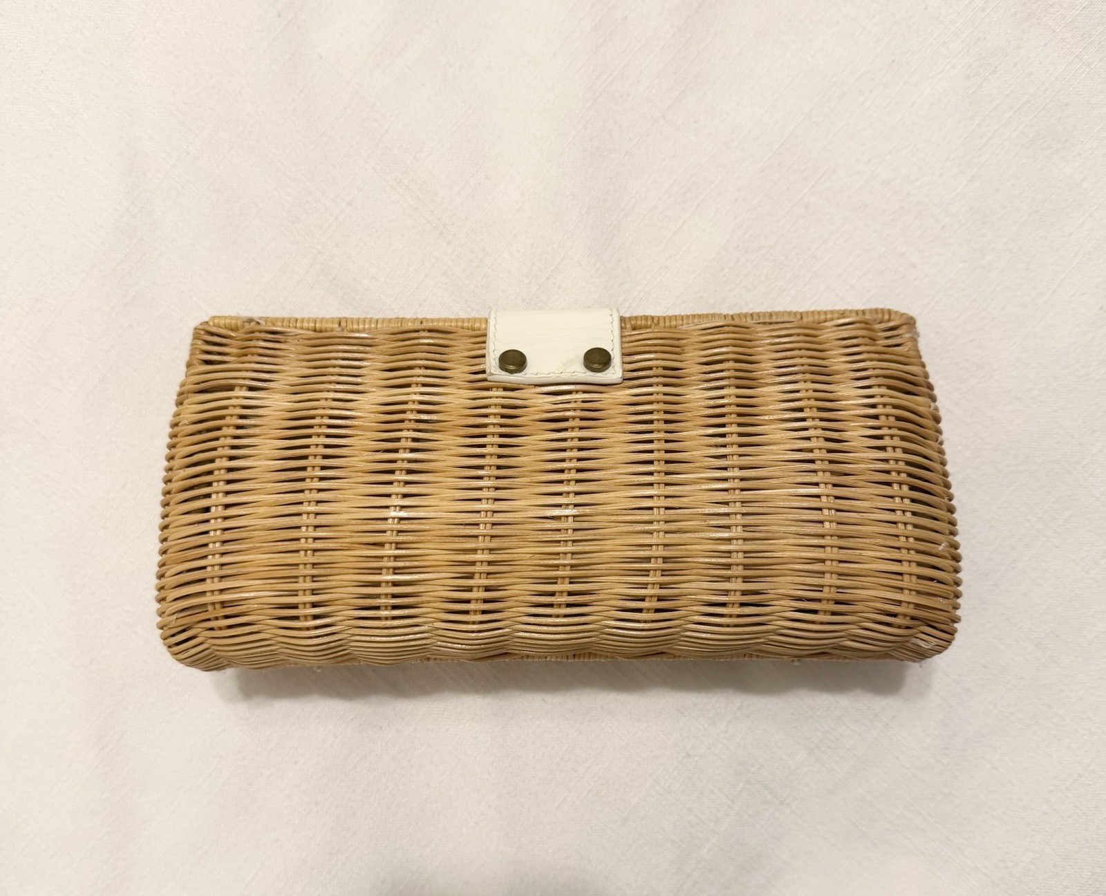 J.CREW Beige Woven Clutch Turn Lock Closure Gold Hardware Lined Inner Pockets