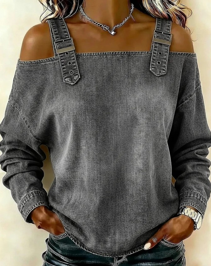 Women Off Shoulder Long Sleeve Top Adjustable Strap Loose Denim Casual Blouse