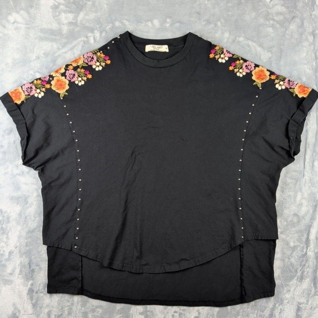 Three Bird Nest Shirt Womens XL Black Embroidered Floral Studded Boho Tunic Top