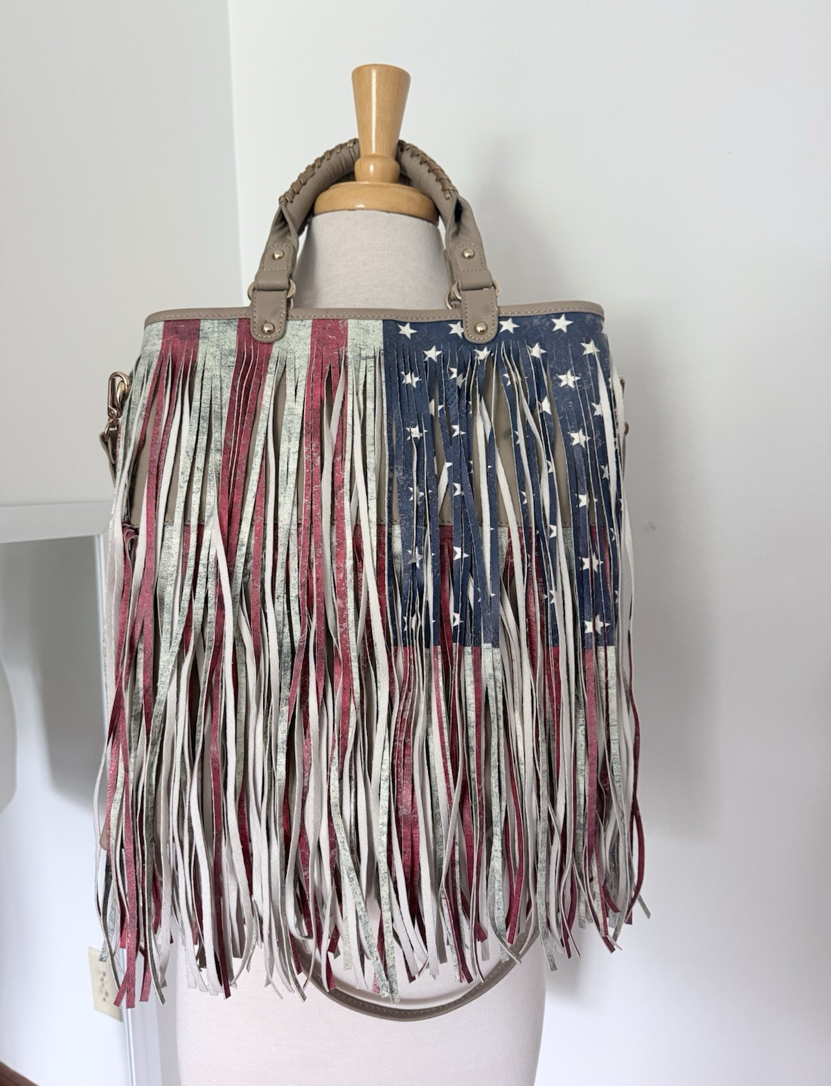 Heritage West USA Flag Fringe Tote Bag Zip Lined Inner Pockets Detachable Strap