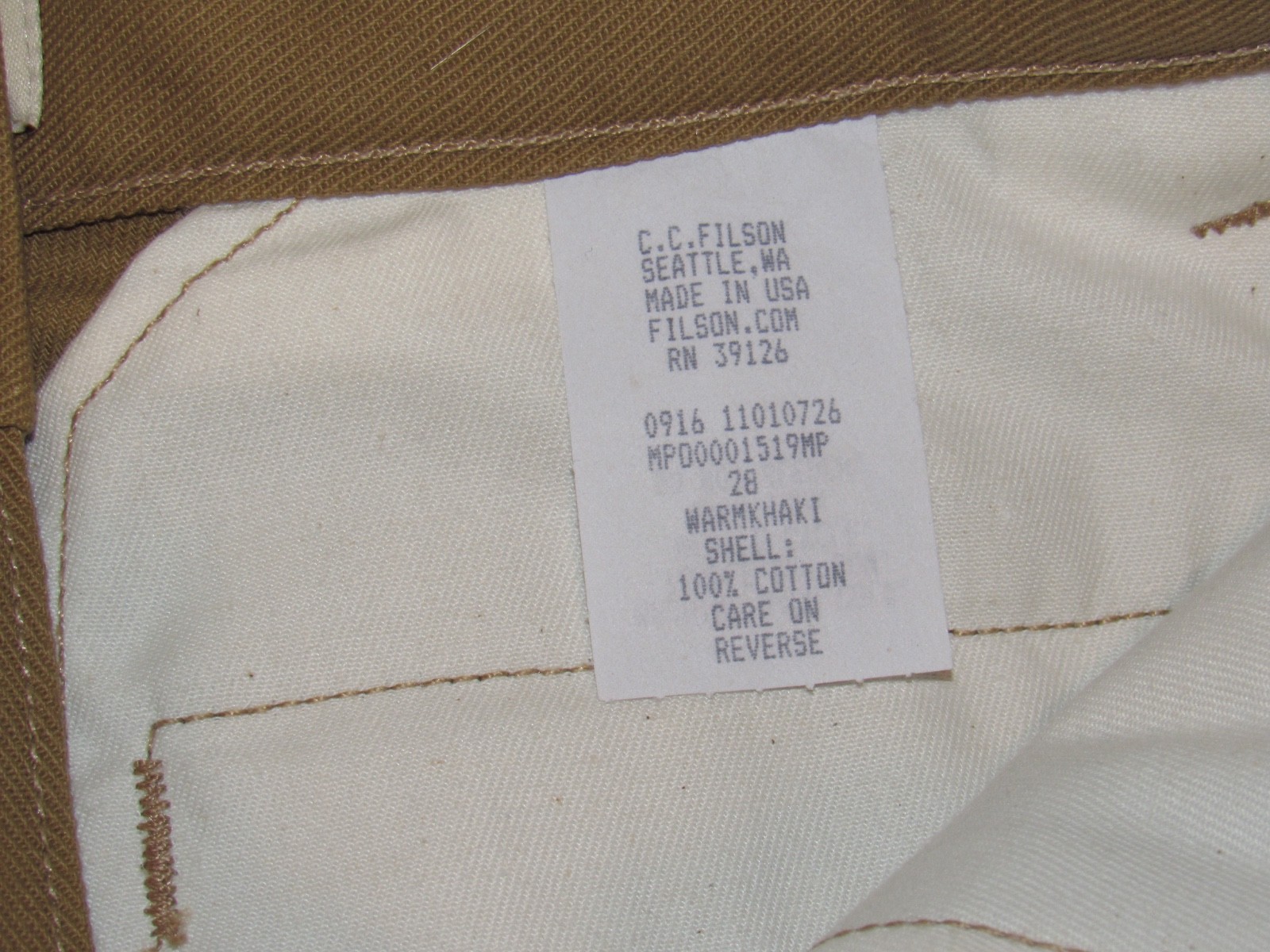 Filson Fenimore Mens Twill Pants 28 Inch Unhemmed Brown Khaki Cotton Twill NEW