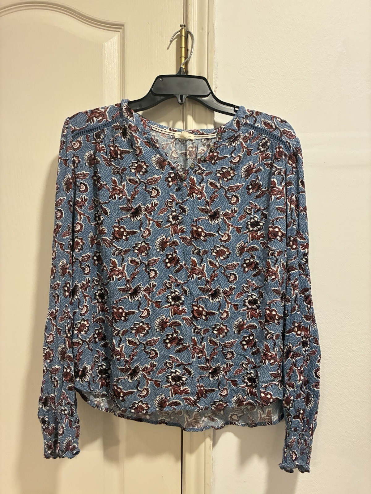 Mason & Belle Womens Large Blue Floral Blouse Boho Peasant Style