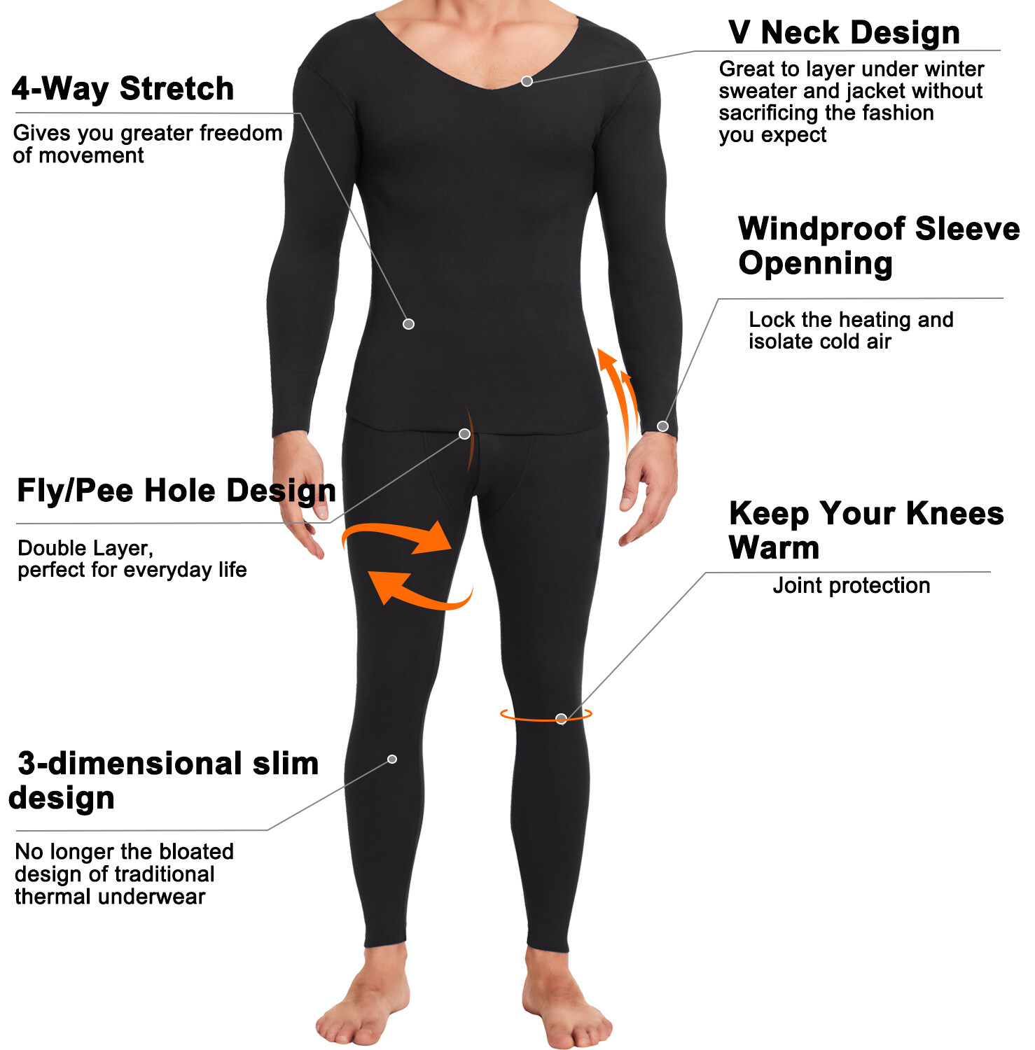 Men Thermal Underwear V Neck Soft Fleece Lined Long Johns Soft Set Top Pants