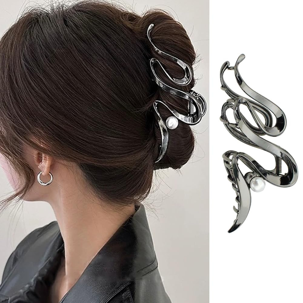 Black Wave Hair Clips Wave Pearl Hair Claw Clips for Thick/Thin Hair Metal Hair