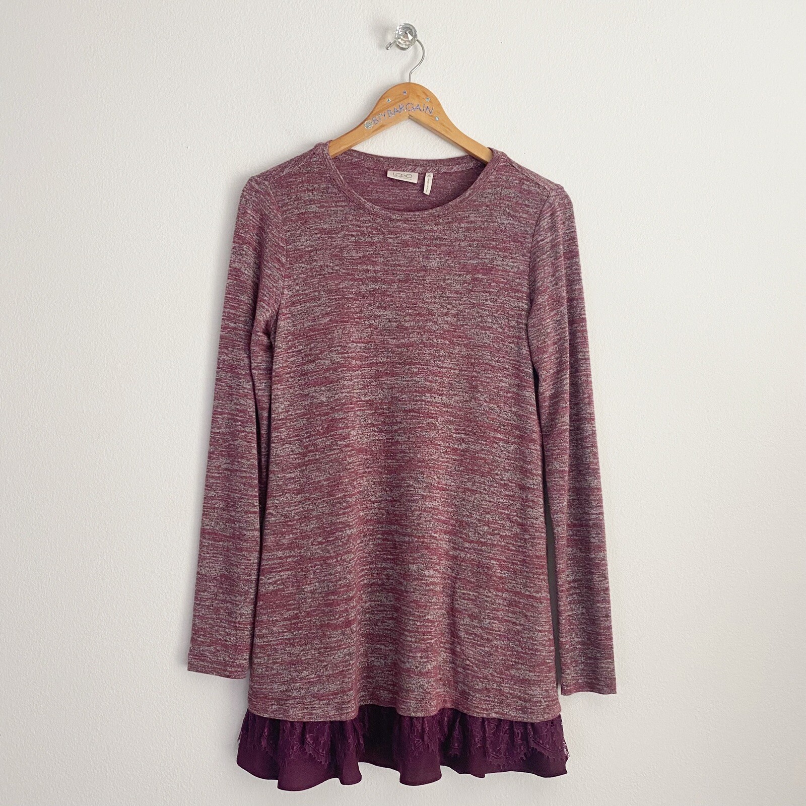 LOGO Lori Goldstein Layered Lace Hem Long Sleeve Marled Knit Tunic XS (2/4) Plum