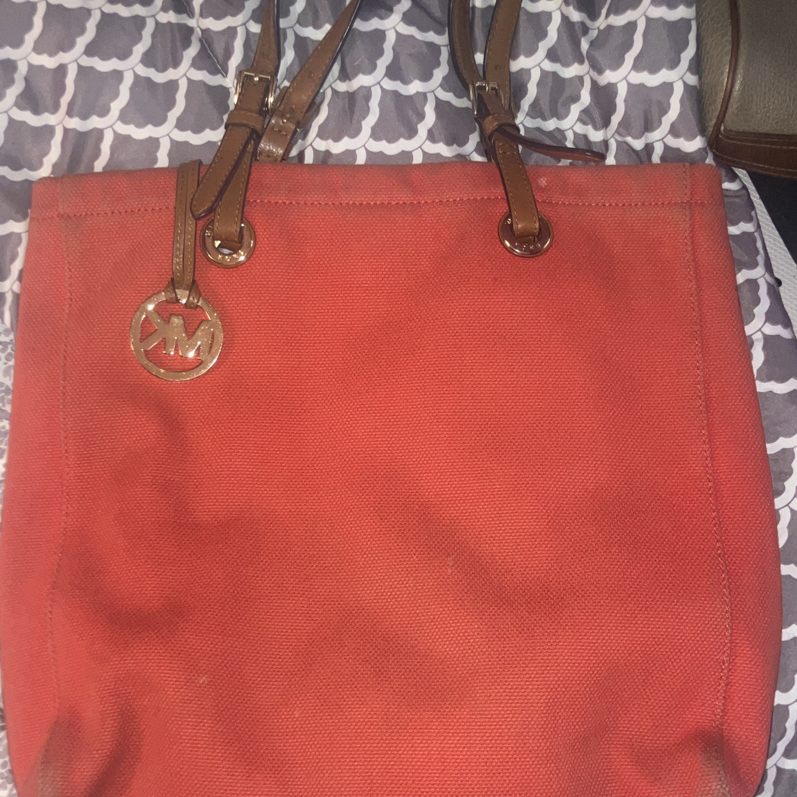 Michael Kors Large Orange Tote Brown Leather Double Handles Gold MK Charm