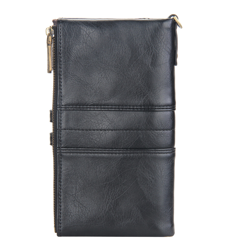 Mens RFID Wallet with Anti-Theft Chain Large Capacity Double Zipper Phone Purse