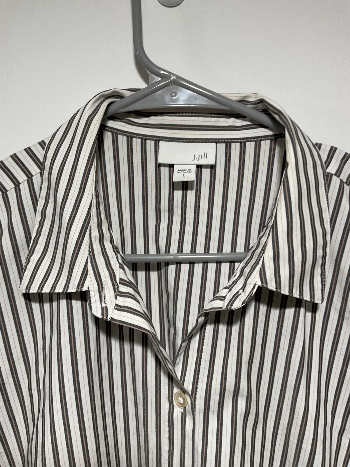J Jill Top Womens L Gray White Mixed Stripe Cotton Blend Button Up Office Career