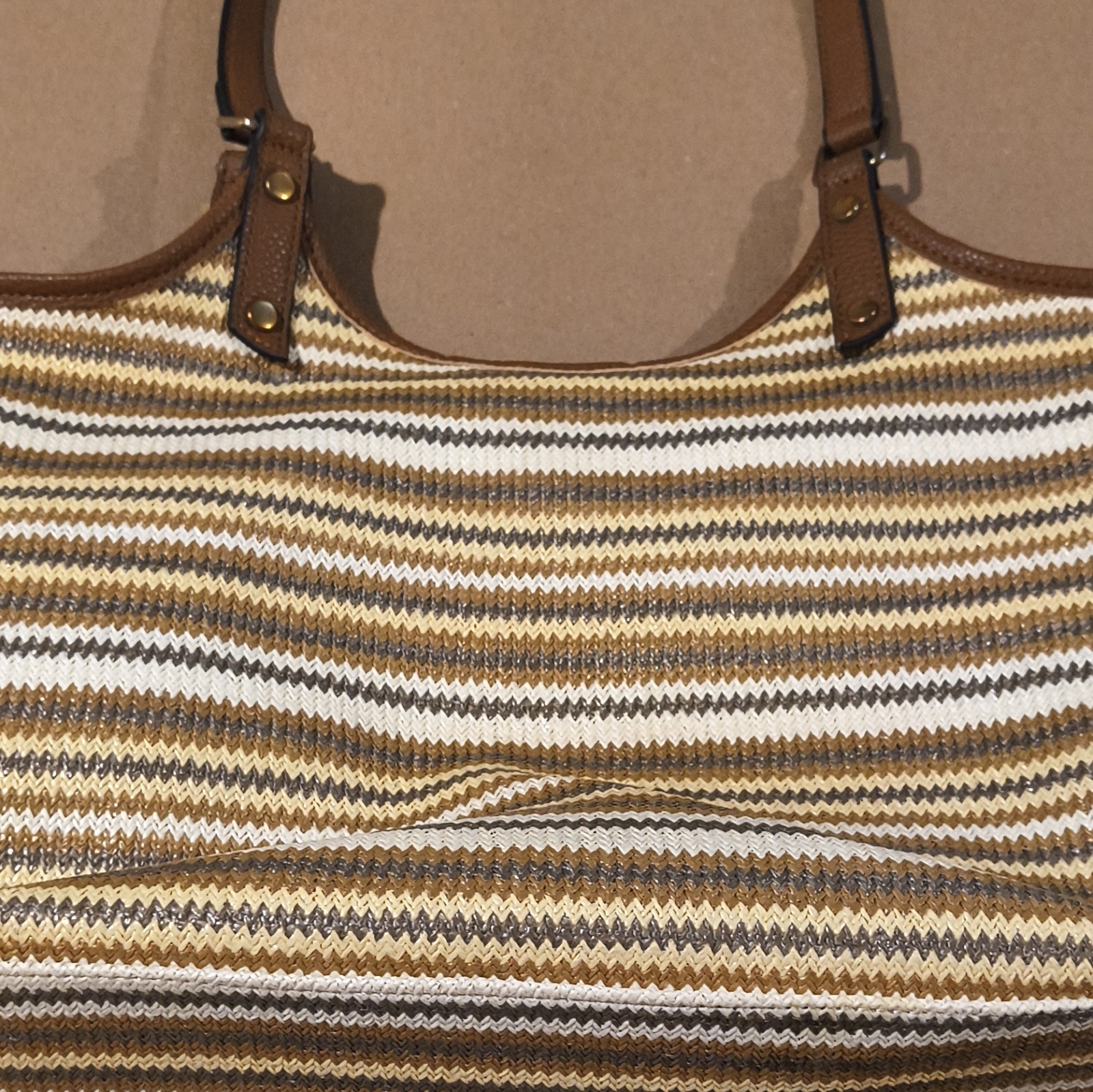 Striped Tote Bag Brown Beige Magnetic Zip Lined Pockets Silver