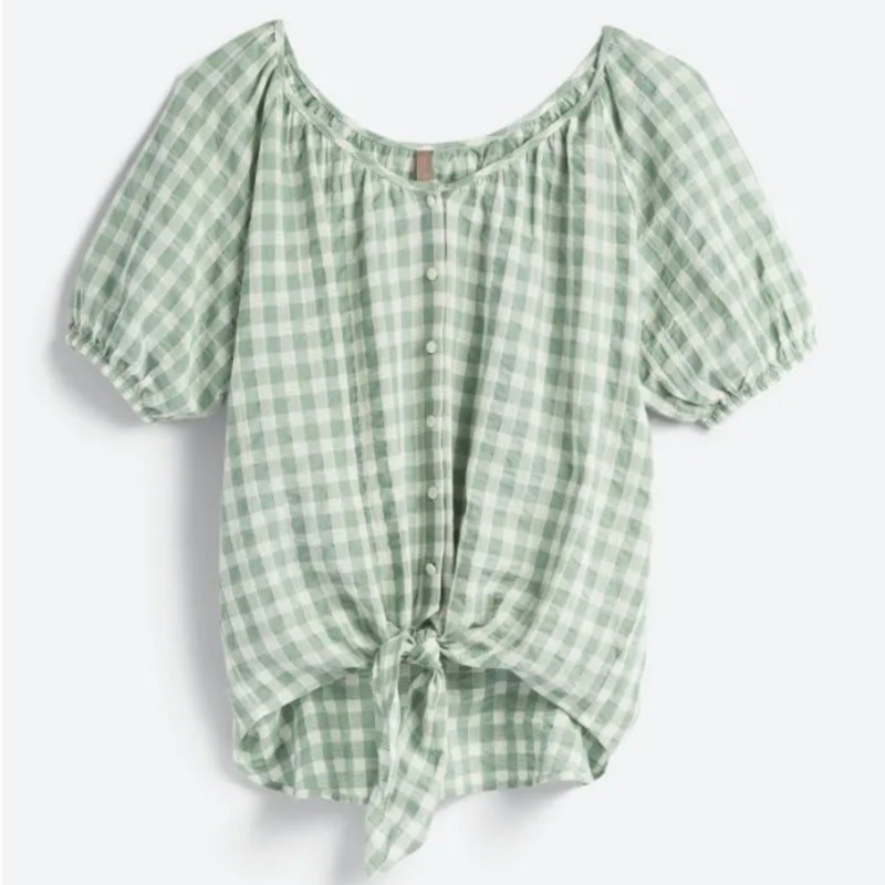 Brina & Em (L) Concetta Tie Front Top – Checkered Short Sleeve Button Front