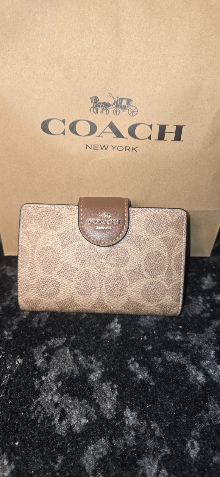 Coach Signature Logo Bifold Wallet Brown/Beige Zip Coin, ID Window, Cards