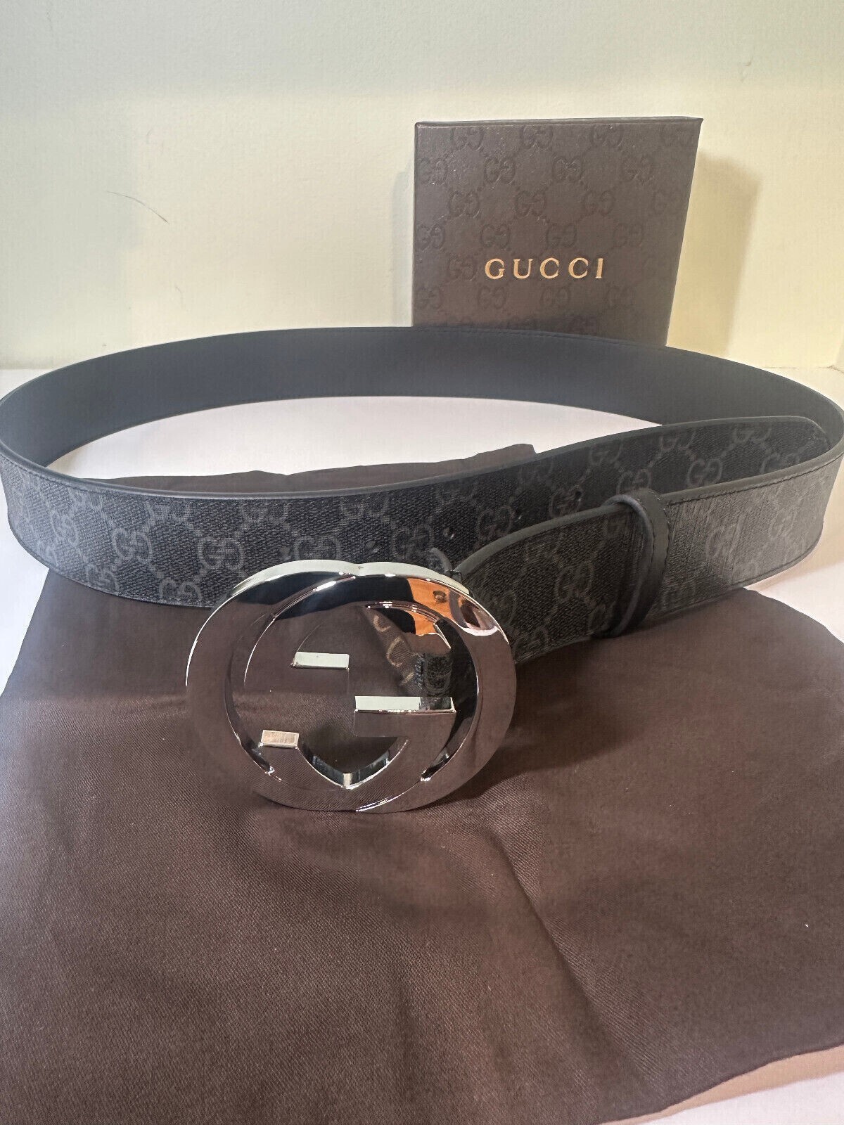 GG Mono Black/GreyGUCCl Canvas Belt Silver Buckle