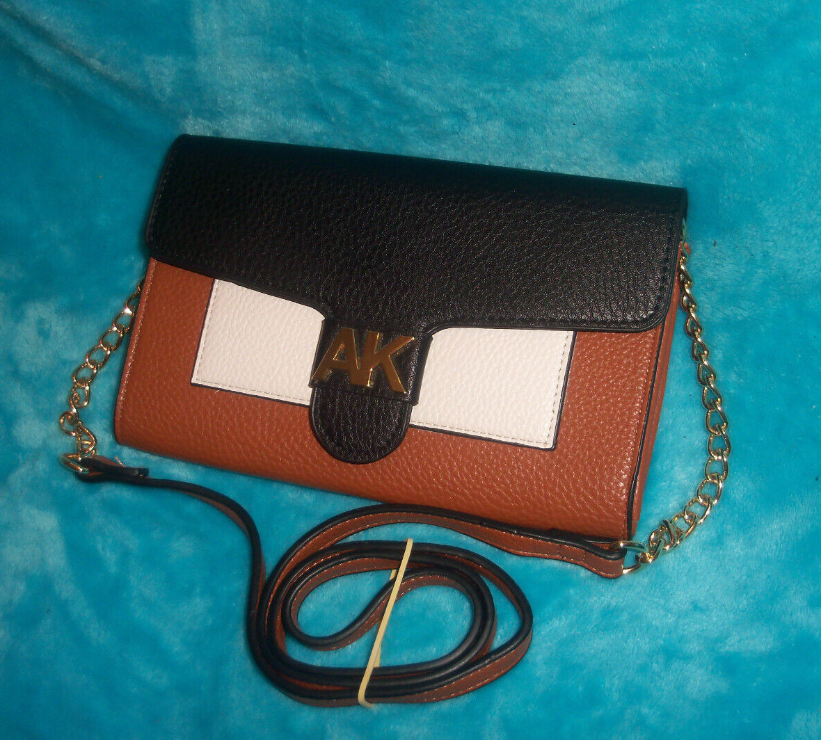 New ANNE KLIEN Black & Saddle Brown Wallet Crossbody Bag – CHAIN STRAP – PEBBLED