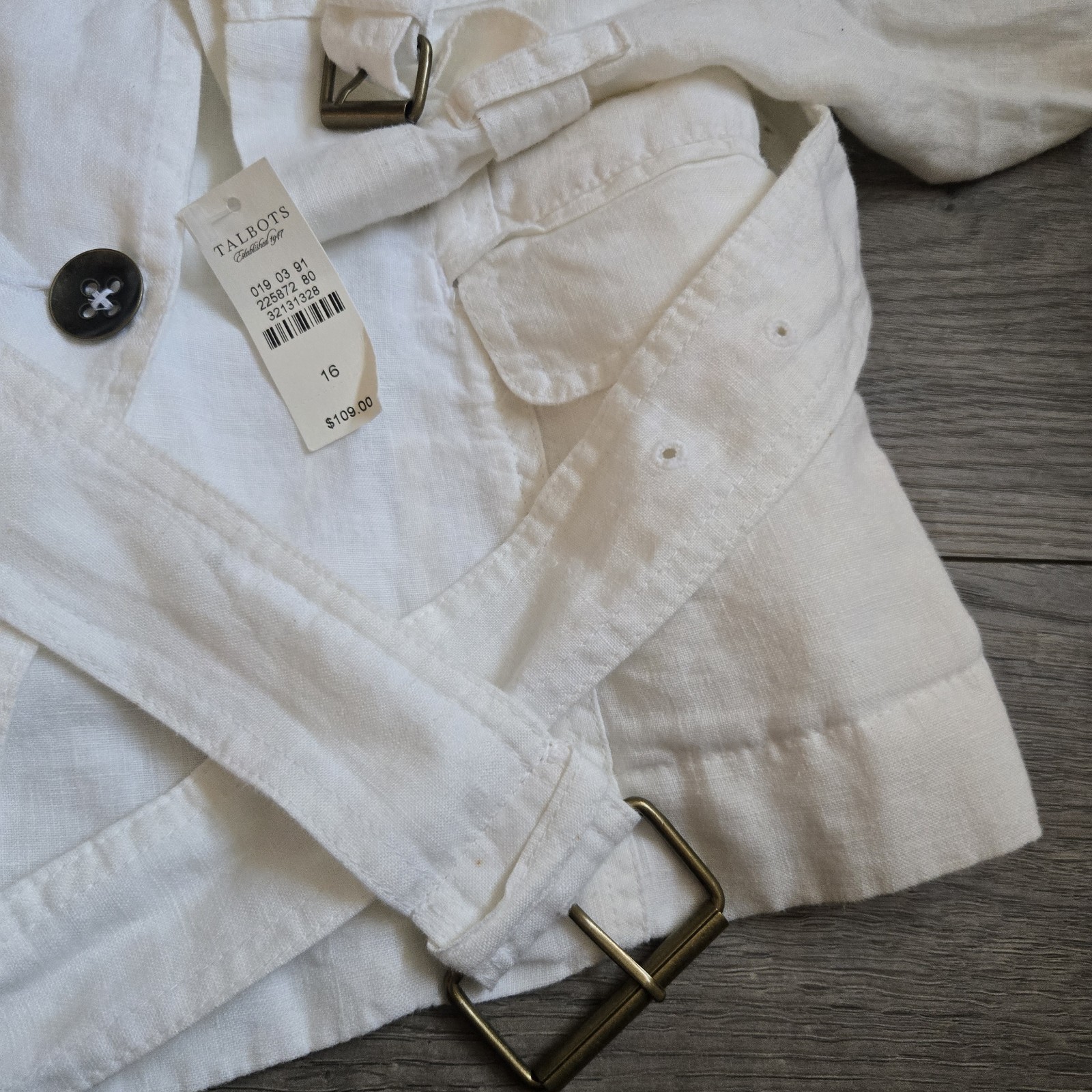 NWT Talbots 100% Pure Irish Linen Trench Jacket White Belted Safari Utility 16