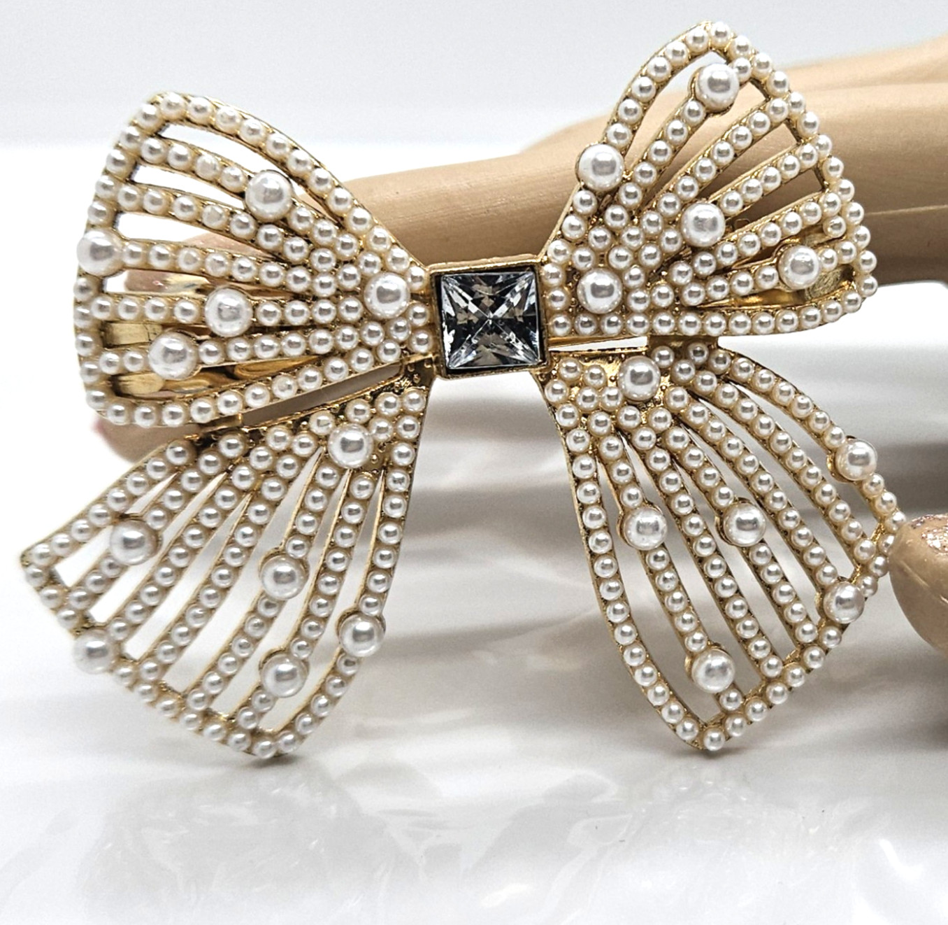 Faux Pearl Bow Barrette Metal Gold Tone 2″