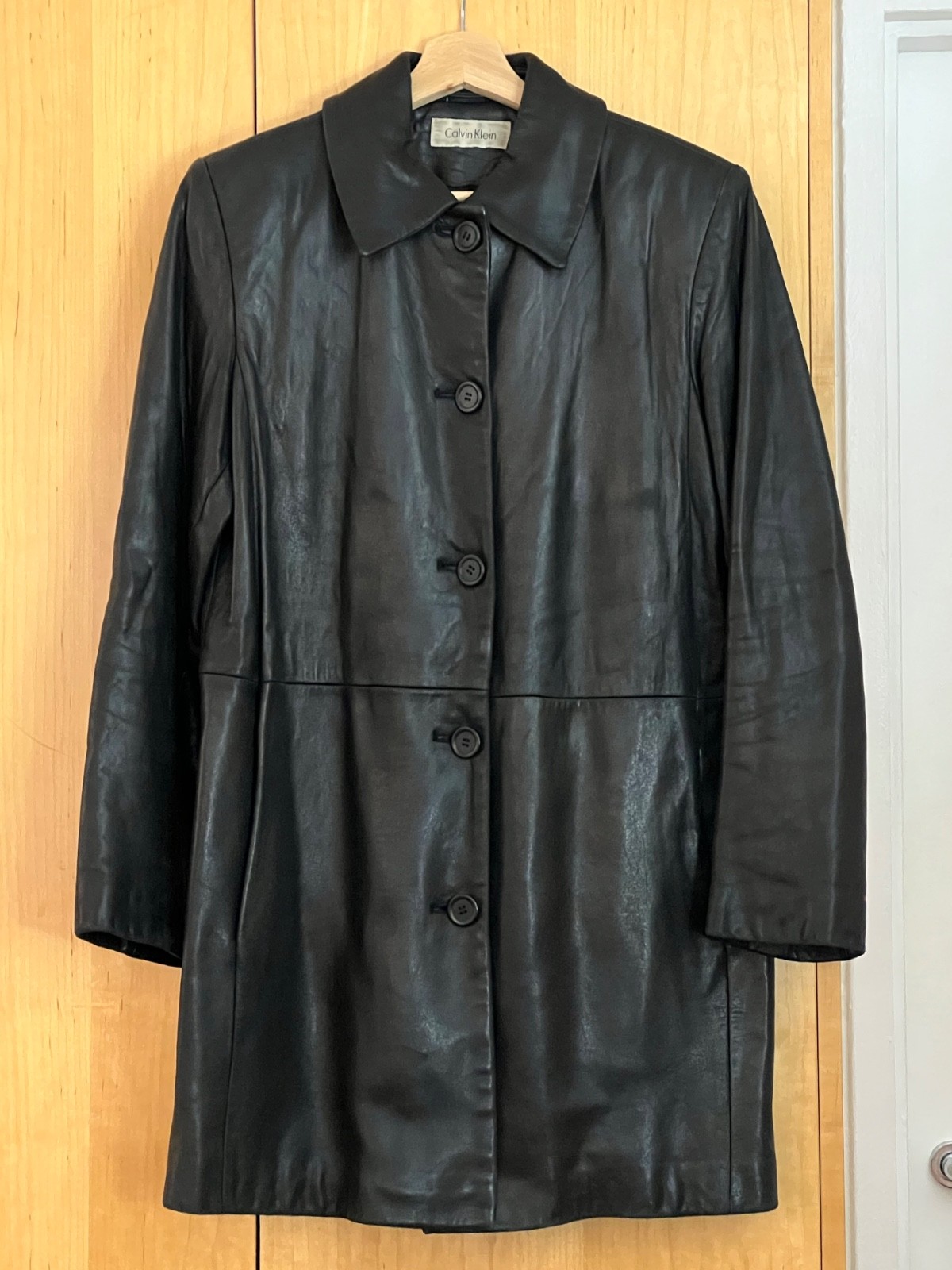 Calvin Klein | Vintage 90’s Y2K Black Leather Jacket Pea Coat – Medium
