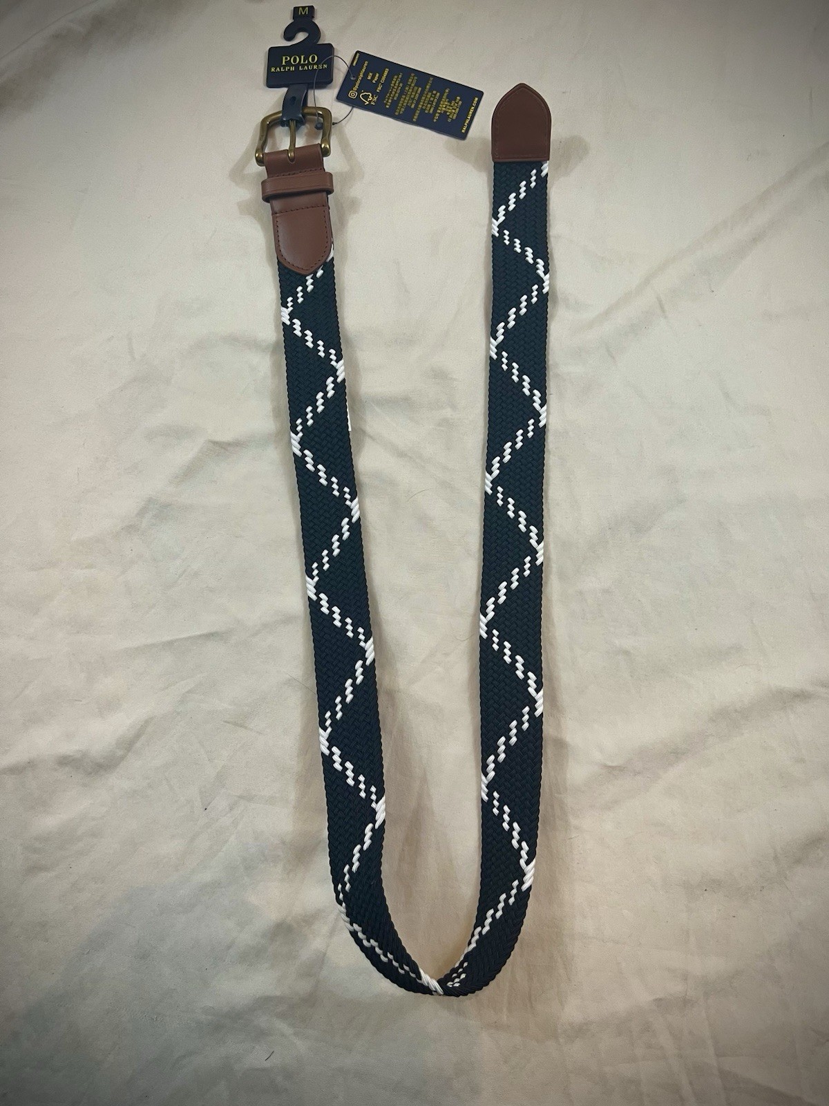 Polo Ralph Lauren Belt Webbed Stretch Cotton Leather Buckle Engraved Logo Size M
