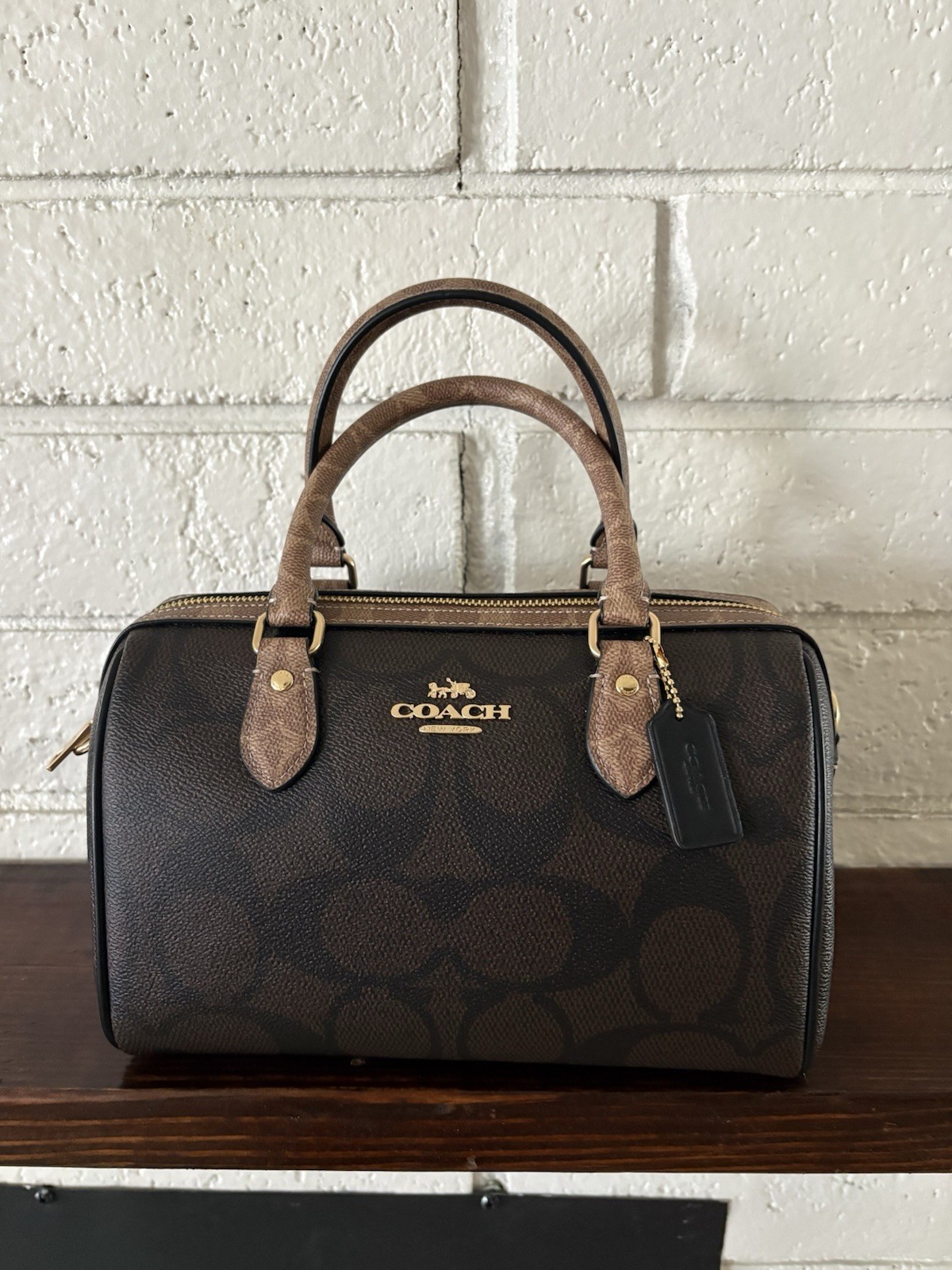 COACH CAB16 Mini Rowan Crossbody Bag In Blocked Signature Canvas Gold Tan Walnut
