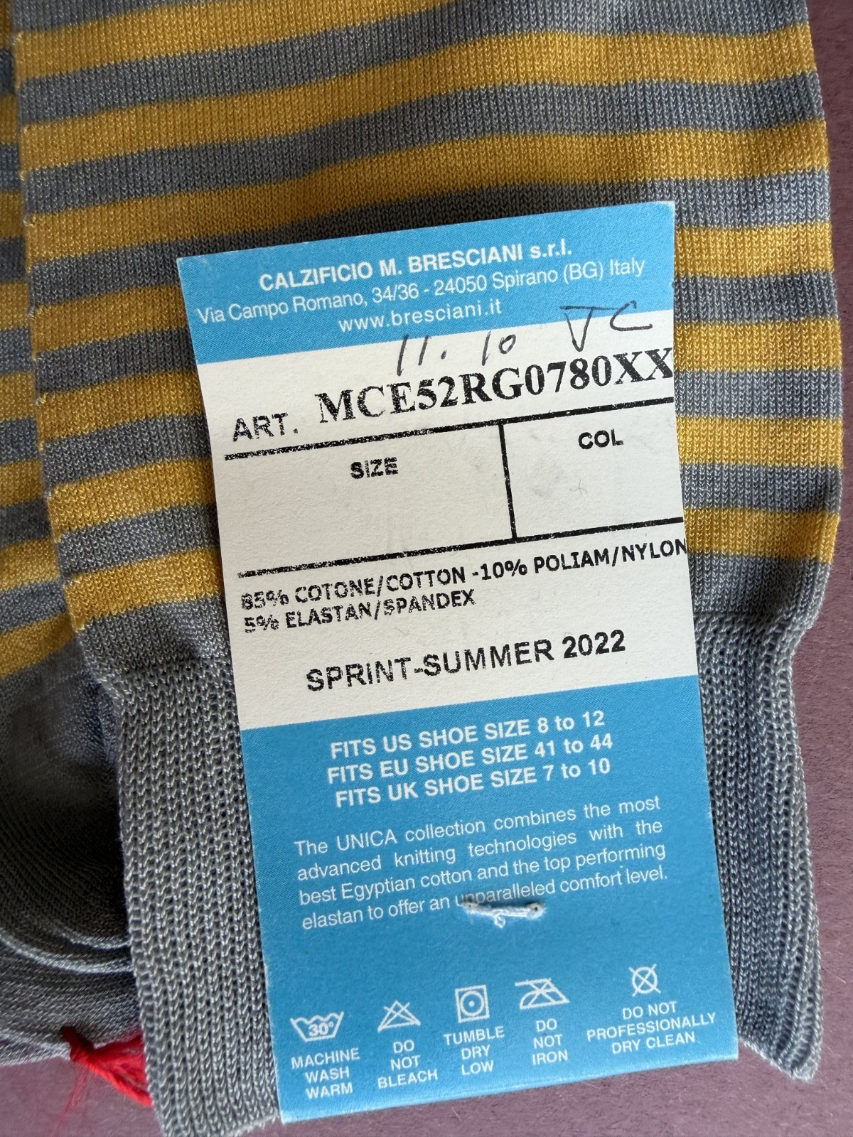 Spring/Summer 2022 Men’s Bresciani Socks NWT Blended Fabric Yellow/Grey Stripe