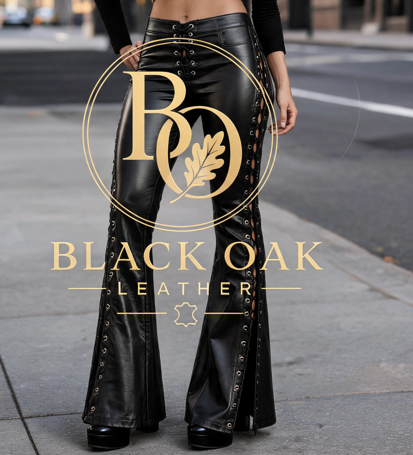 Women’s Black Genuine Leather Flared Pants with Lace-Up Detailing