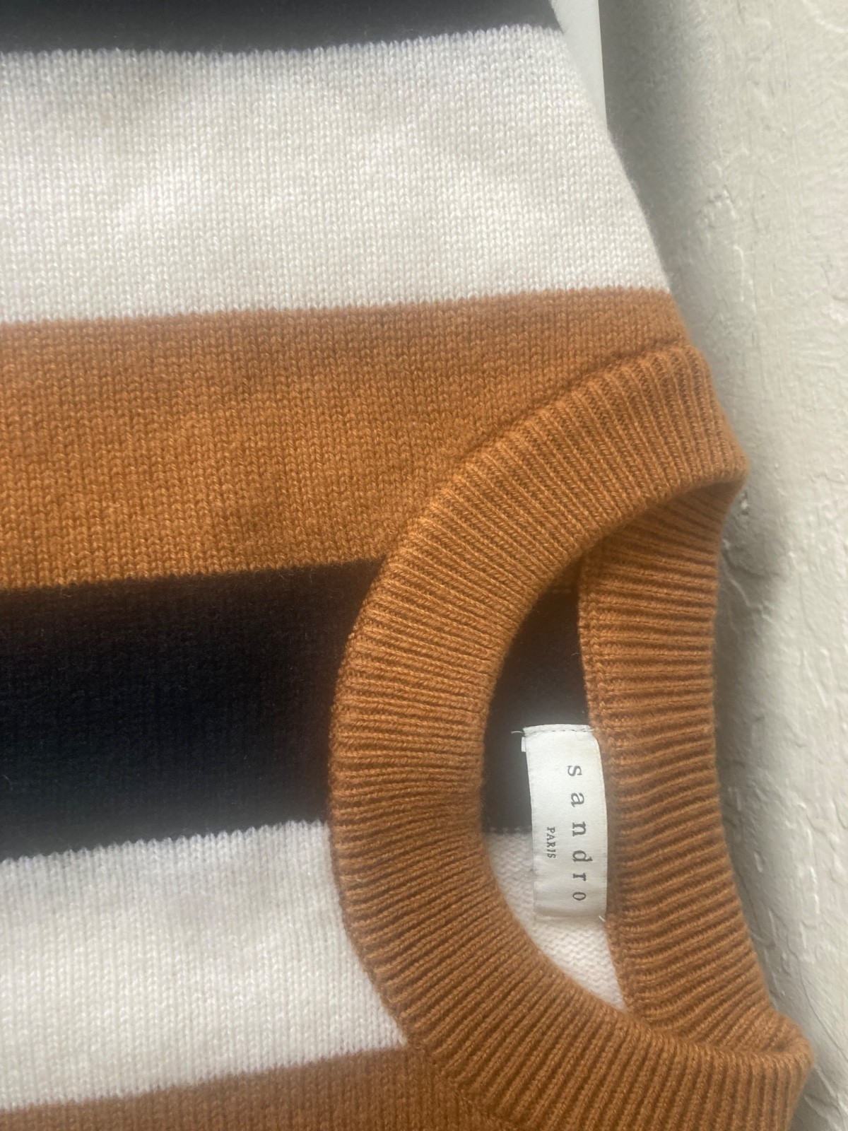 Sandro Striped Sweater Black White Brown Wool Cashmere Preppy Cozy Office Work L