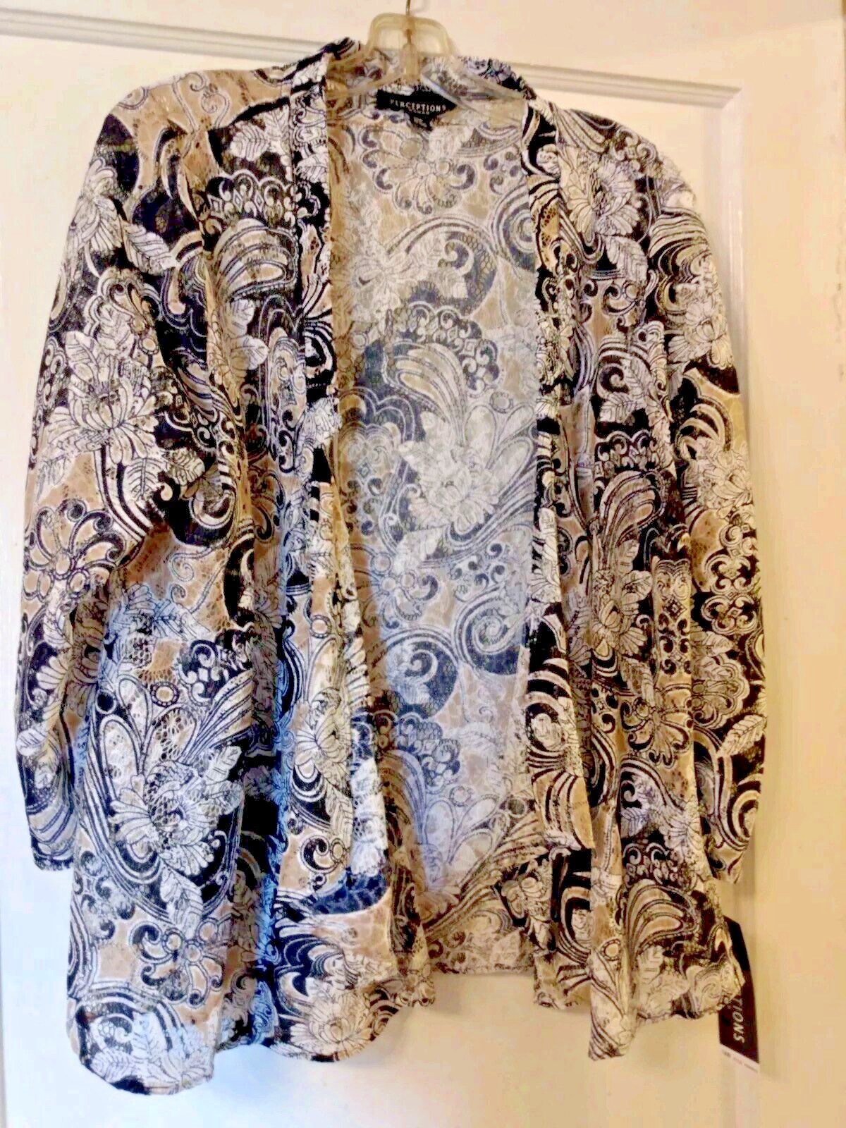 Perceptions Women’s Black Beige White Print Lace Fly-Away Jacket 14W New w/Tags