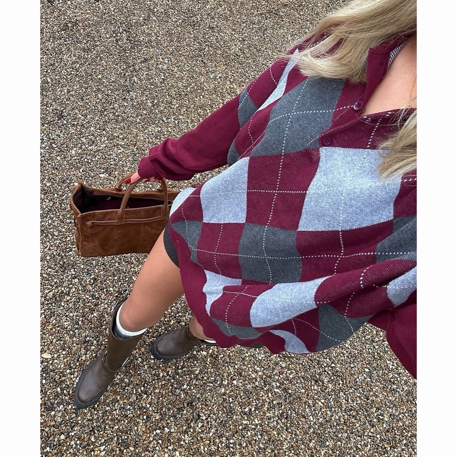Edikted Argyle Oversized Polo Sweater Burgundy Dark Academia Preppy M