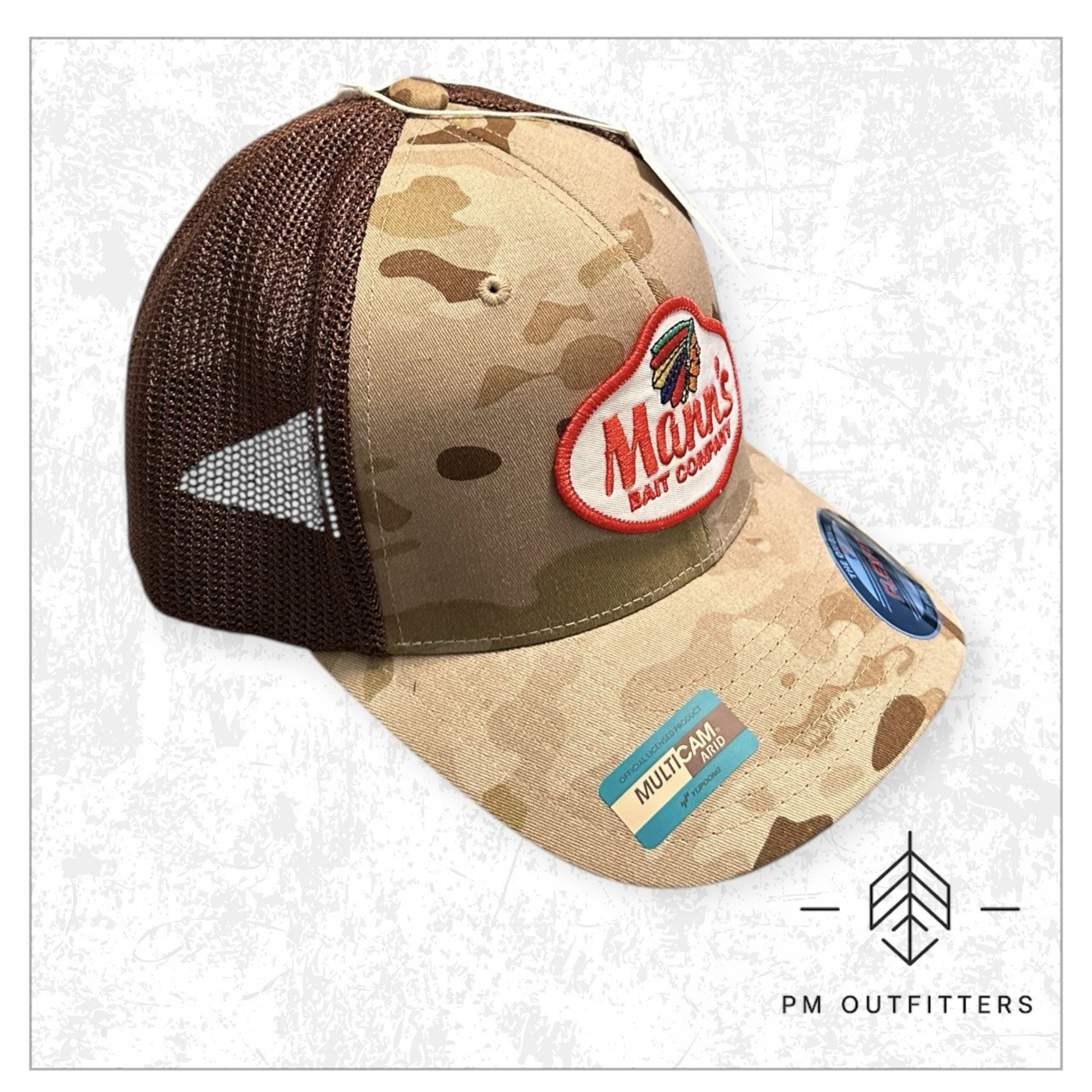 Mann’s Bait Co Trucker Hat, Retro Fishing Patch on Yupoong Flexfit Multicam