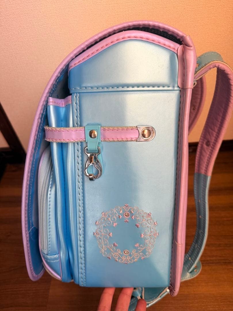 Randoseru Backpack Blue Synthetic Leather School Bag with Heart Design, Used