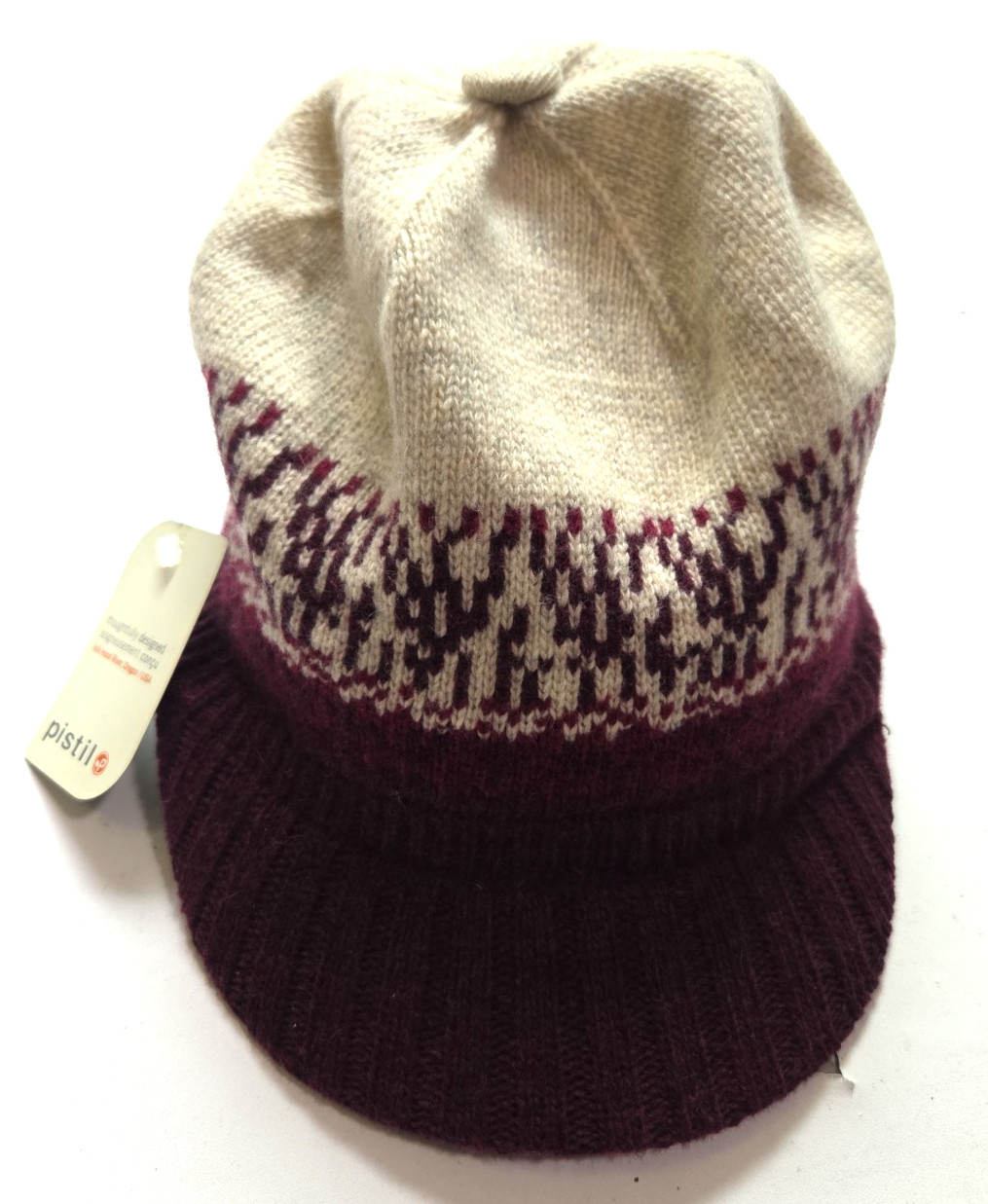 NWT Women’s Pistil Soltice Winter Hat Visor Beanie Wool Blend Raisin/Cream O/S