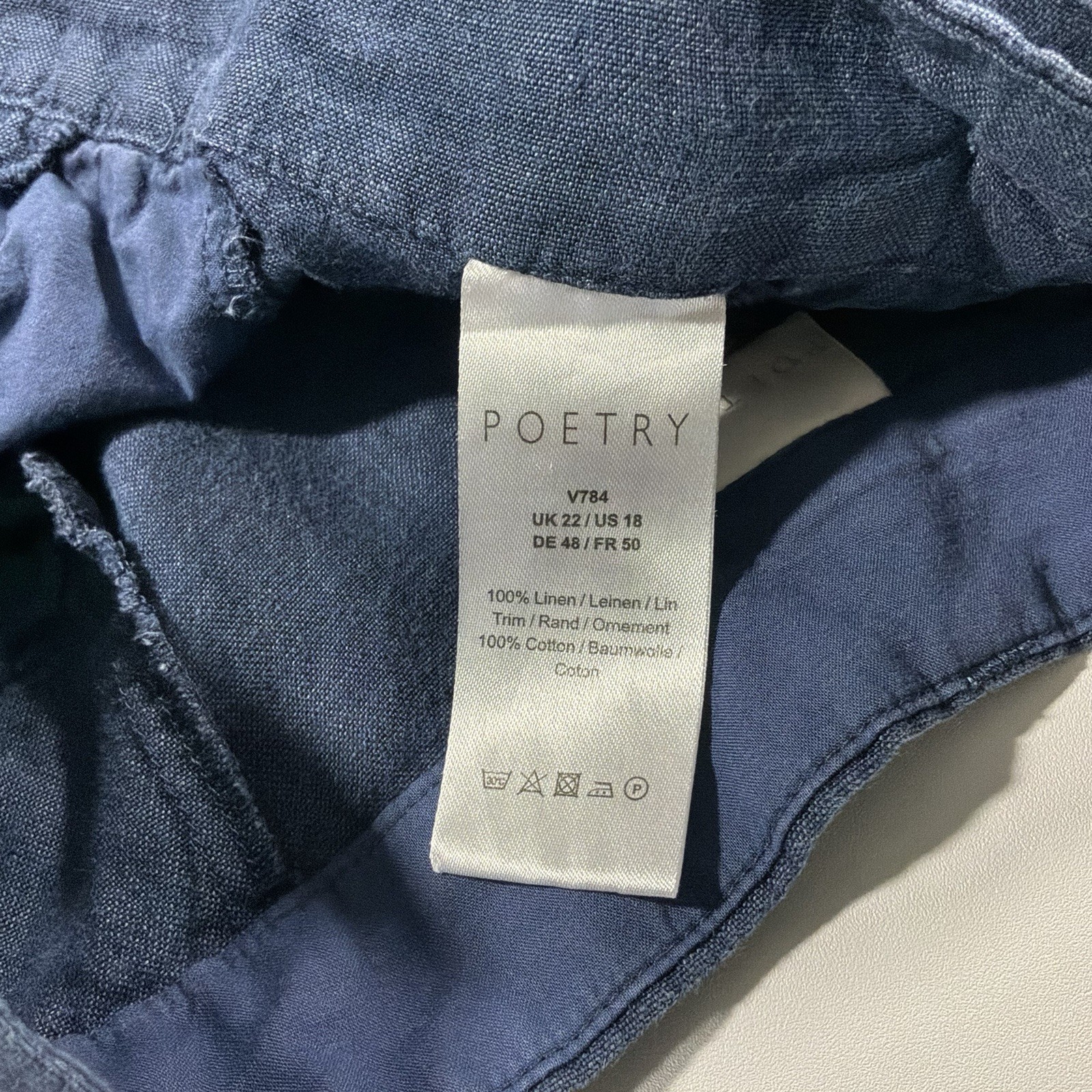 Poetry Blue Linen/Cotton Woven Pants Relaxed Tapered Ankle Mid Rise US 18