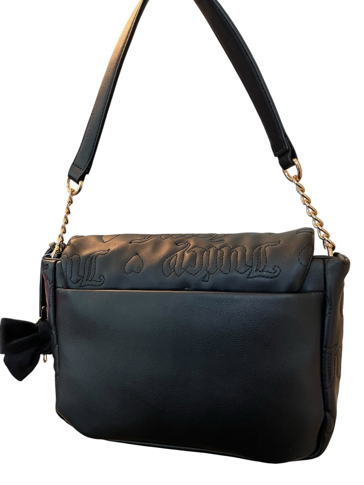 Juicy Couture Black Embossed Logo Shoulder Bag Bow Heart Charm Chain Link NWT