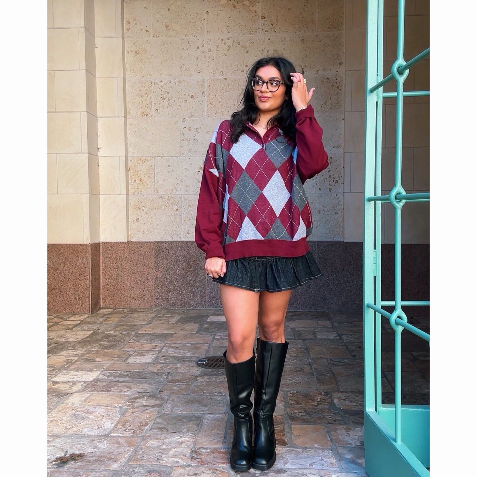 Edikted Argyle Oversized Polo Sweater Burgundy Dark Academia Preppy M