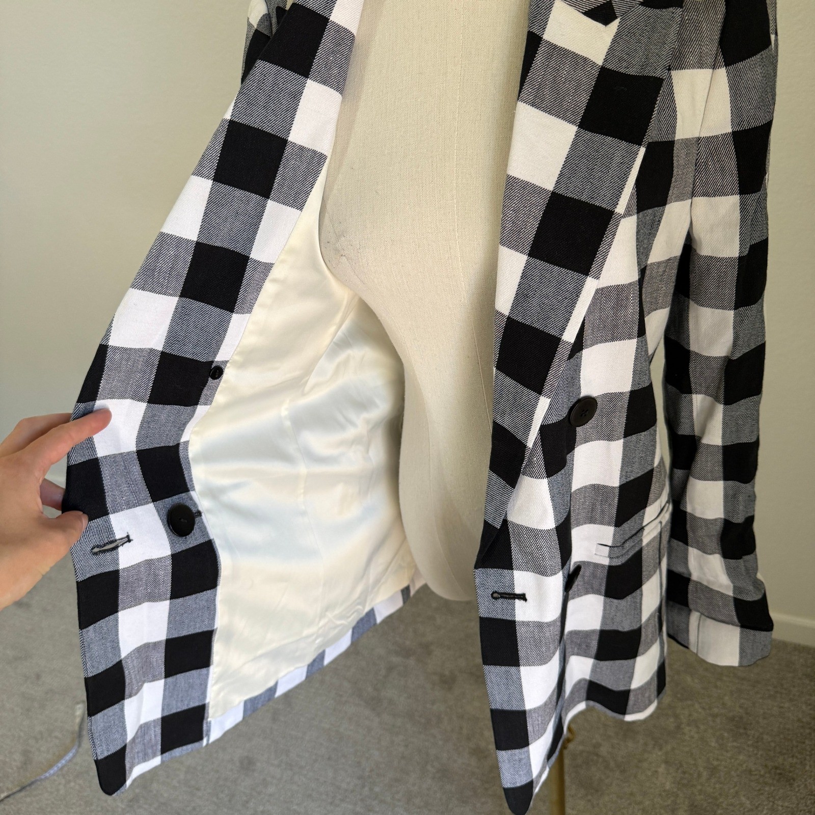 Kate Spade Gingham Linen Blend Double Breasted Blazer 2 Preppy Tailored Black