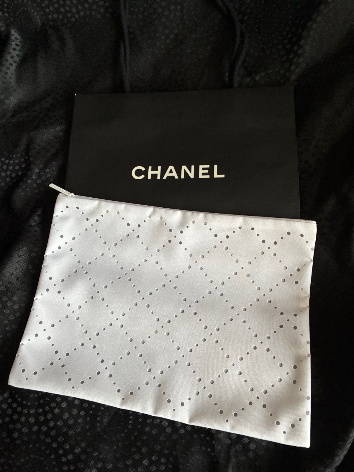 CHANEL Diamond Pattern Perforations White Storage Bag 9.5 in H x 12.75 in W