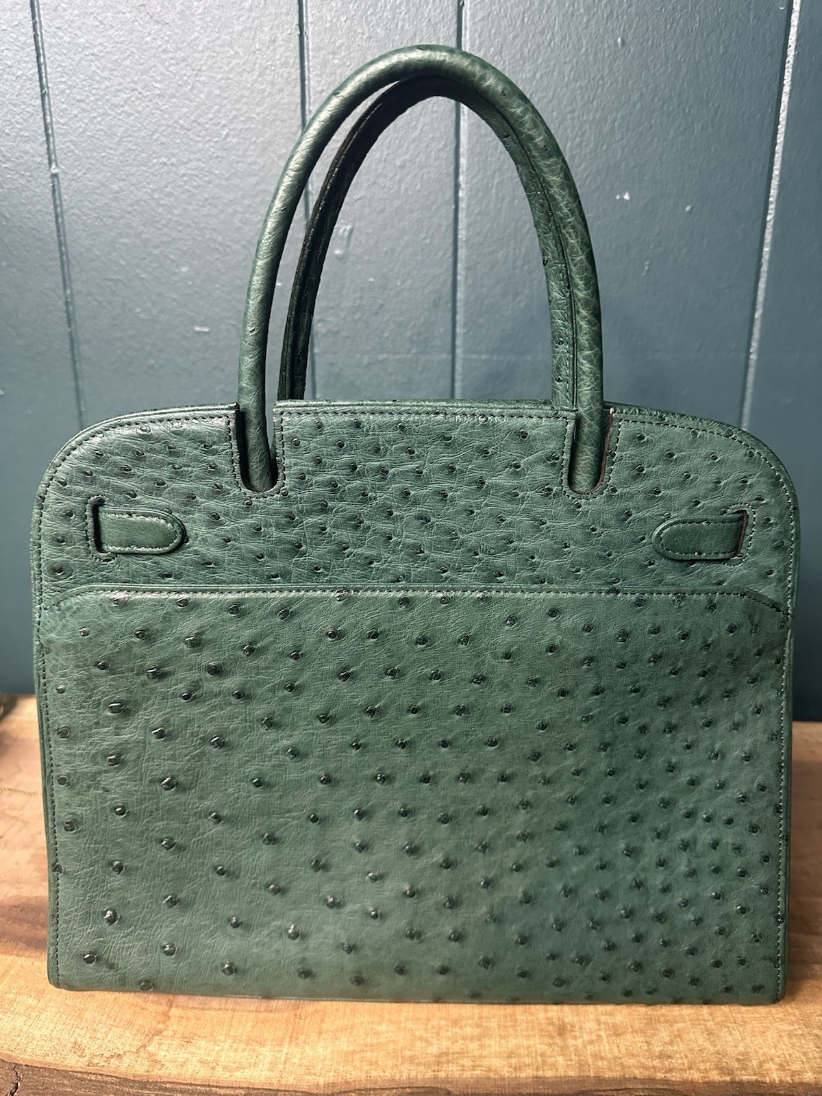 JRA Celencee Nicola Ferri Green Ostrich Leather Top Handle Bag