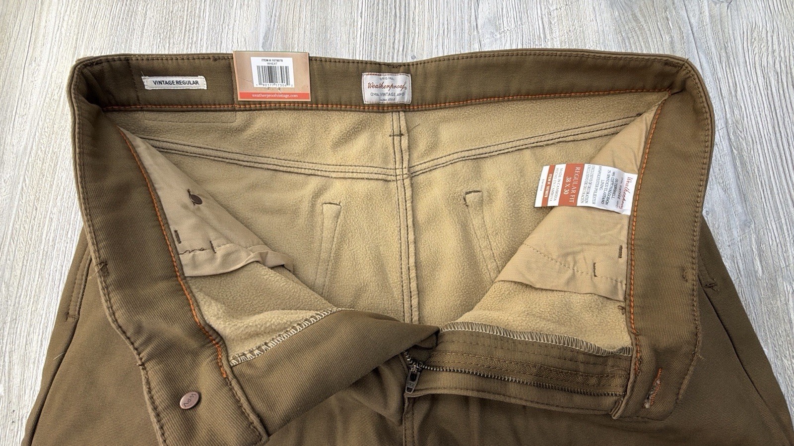 Weatherproof Vintage Sz 38×30 Fleece Lined Stretch Canvas Pant Regular Fit Brown