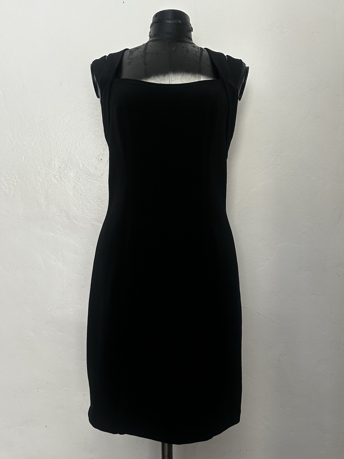Expo Night 12 Black Sheath Dress Square Neck Rhinestone Sleeveless VTG 80s