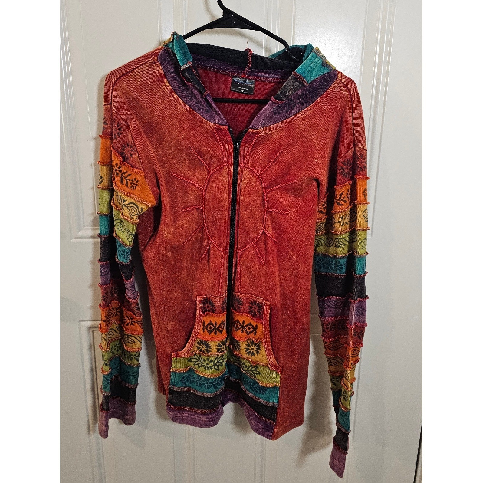 GreaterGood Boho Patchwork Zip Up Hoodie Sun Embroidery Nepal Jacket L/XL